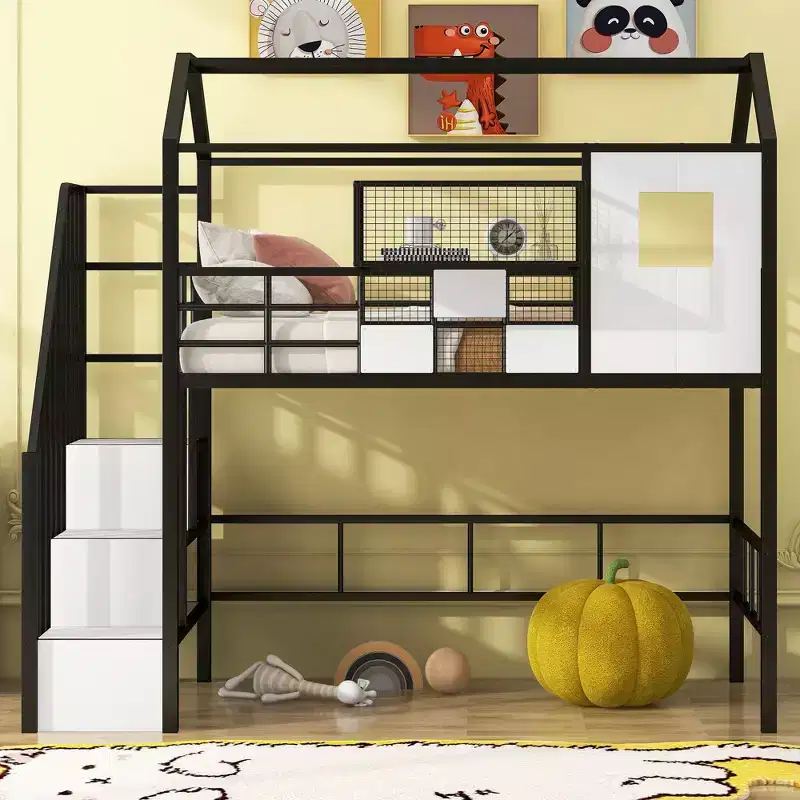 93.7IN Metal Loft Bed with House Roof Design, Bed Frames with Storage Shelves and Basket, Twin Bed for Living Room, Bedroom