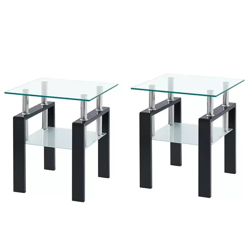 HomeRoots Set of Two Clear and Black Glass and Metal Square End Tables With Shelf