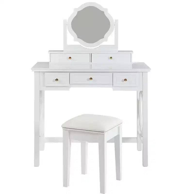 Makeup Vanity Table with Reversible Mirror, Elegant Chic Vanity Desk with 5 Drawers & Upholstered Stool, Space-Saving Beauty Station