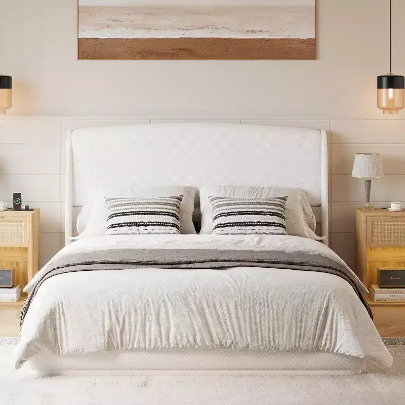 Queen Upholstered Platform Bed Frame with Padded Wingback Headboard, Low Profile Bed - ModernLuxe