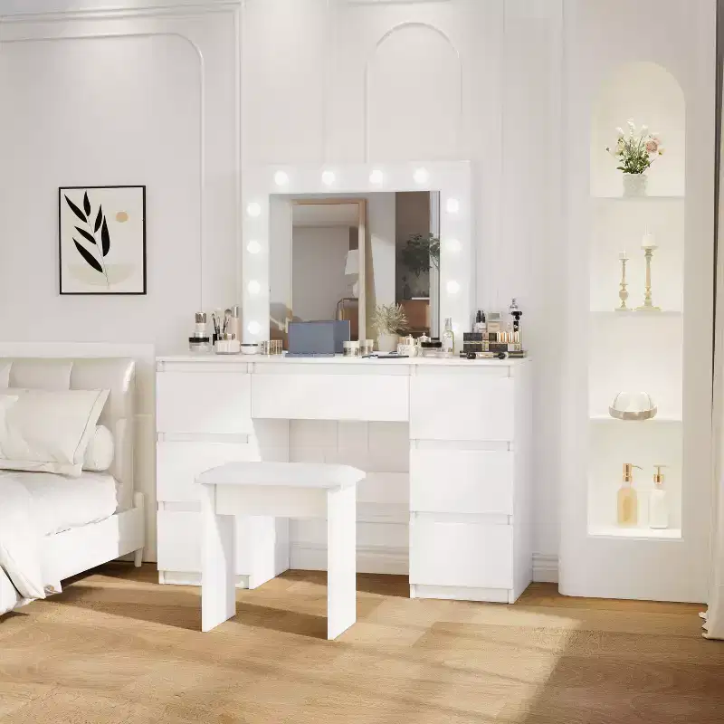 Vanity Desk with Mirror and Lights, 3 Color Lighting Modes, Makeup Vanity Table with 4 Storage Drawers, Makeup Table for Bedroom