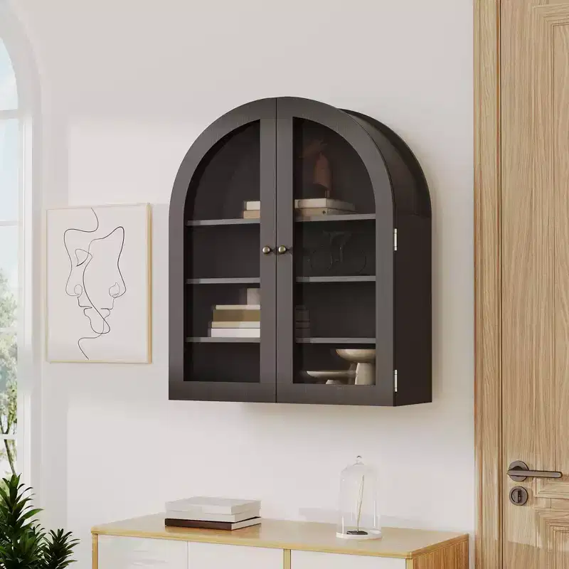 Small Arched Wall Cabinet with Glass Doors, 24 Wall-Mounted Storage Cabinet with Adjustable Shelf, for Kitchen, Bathroom, Laundry Room