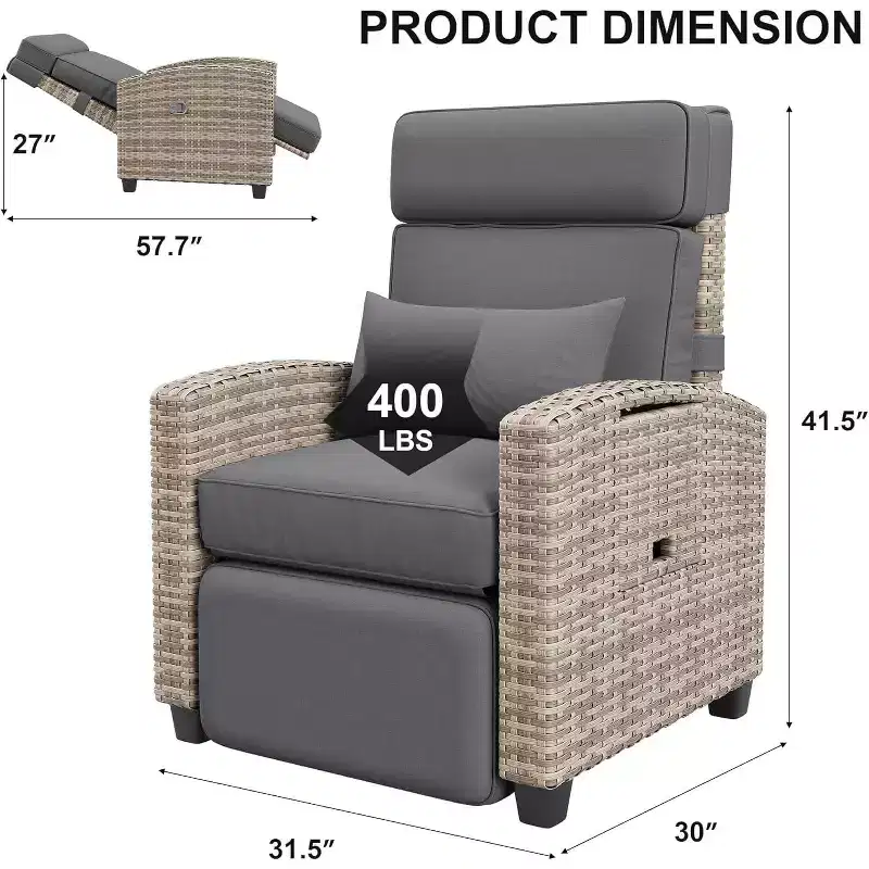 Wicker Recliner Chair  Adjustable 150 Lay Flat Patio Lounge Chair with Footrest & Side Table for Poolside, Porch, Garden & Indoor Use