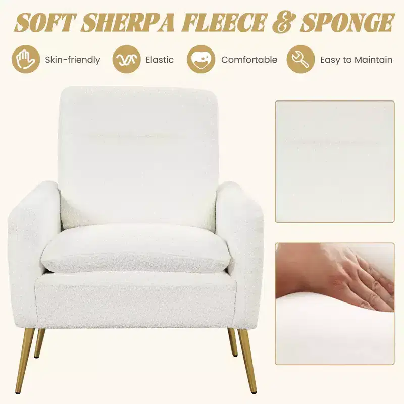 Costway Modern Accent Chair Upholstered Armchair w/ Tapered Metal Legs White