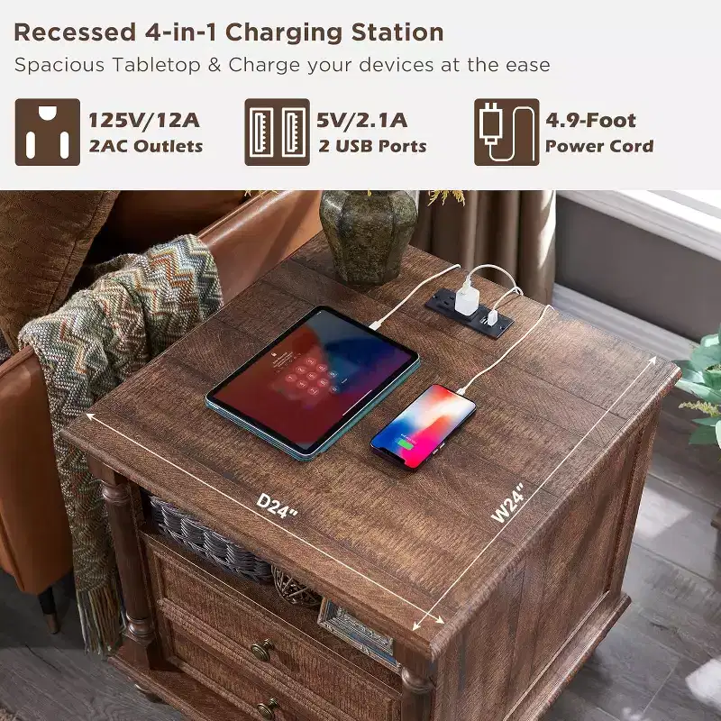 24 Farmhouse Nightstand wtih Charging Station, Square End Table Side Table with 4 Solid Wood Feet & 2 Drawers for Living Room, Bedroom