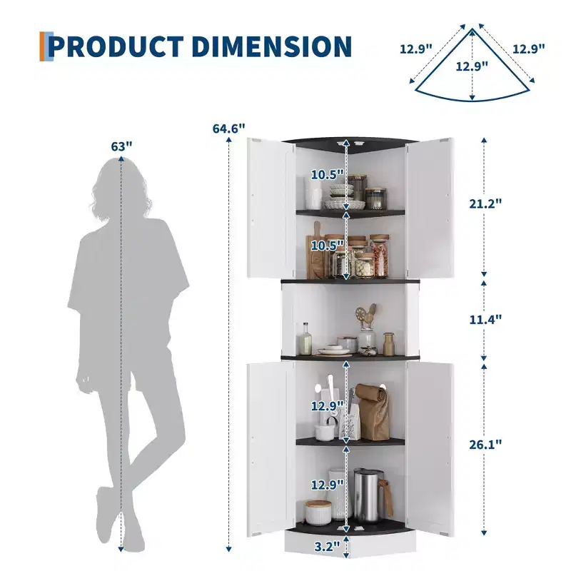 Black/Brown/White Corner Storage Cabinet | 4 Barn Doors | 5-Tier | Freestanding | 1 Person Assembly