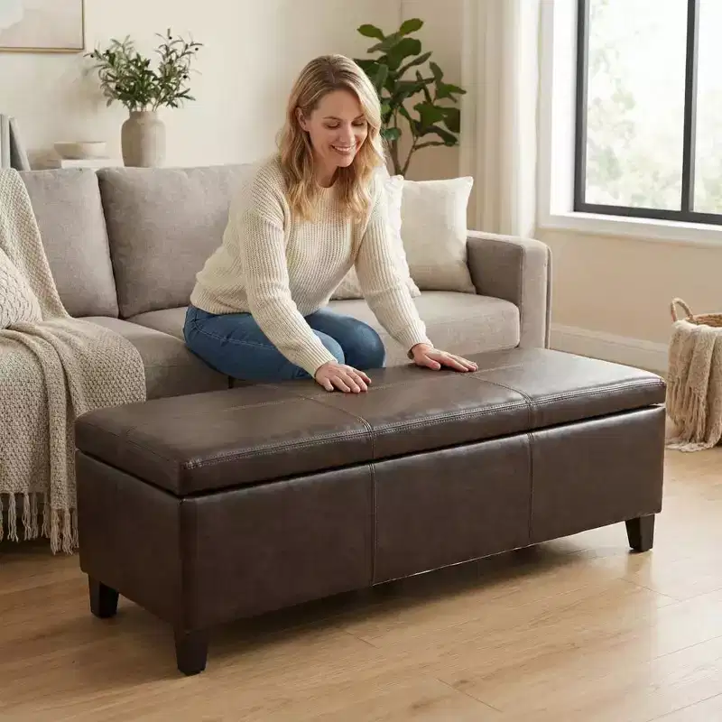 50.25 Rectangular Storage Ottoman Bench in Distressed Brown Faux Leather, Lift-Top