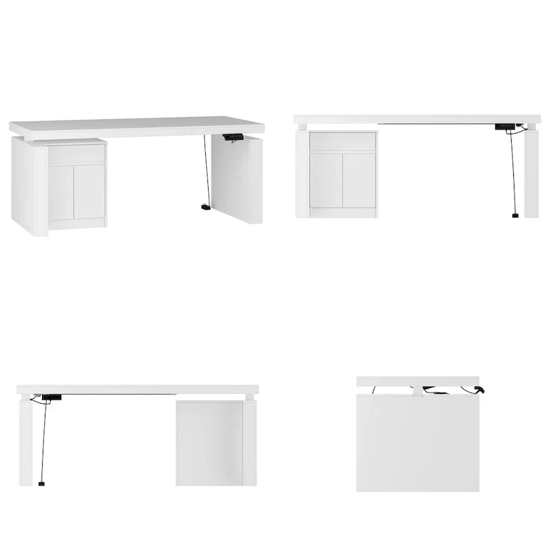 White Height-Adjustable Desk with Side Cabinet, 70.9