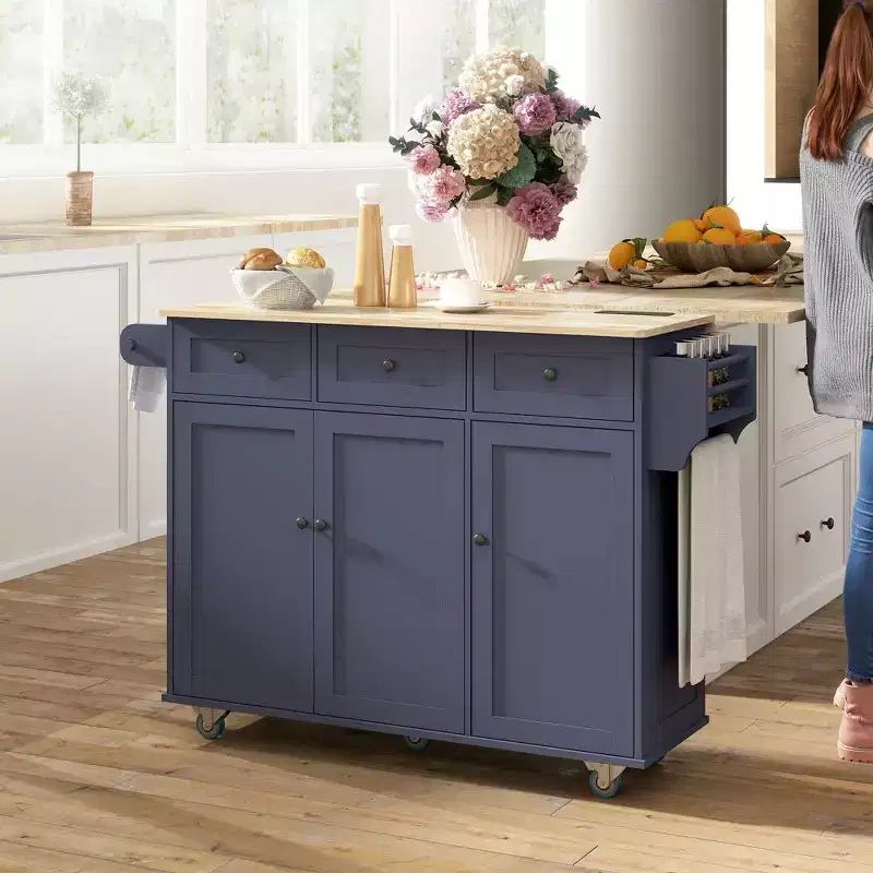 HOMCOM Rolling Kitchen Island with Charging Station and Drop Leaf, 53 Kitchen Island Table with Wood Top, 3 Drawers, Adjustable Shelf