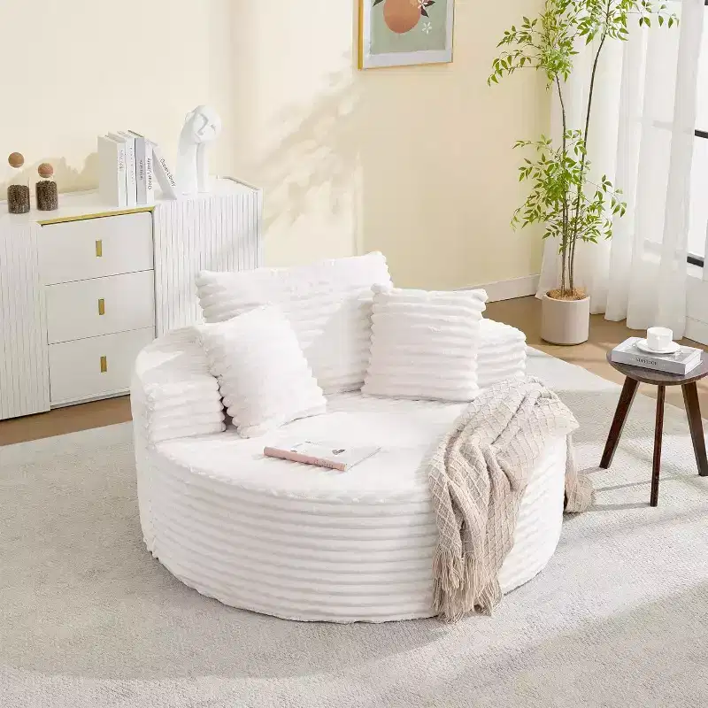 Round Chaise Lounge Chair, Indoor Oversized 55  55 Inch Modern Corduroy Boneless Cloud Couch Single Sofa with 4 Pillows Deep Seat for Home Office