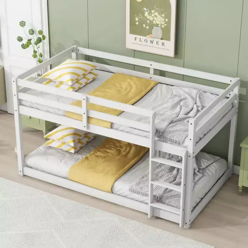 Okak 77.3IN Twin-Over-Twin Floor Bunk Bed with Ladder, Twin Bed with Guardrail and Strengthened Slats, Bed Frames for Kids Room, Gaming Room, White