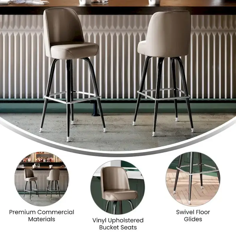 Metal Barstool with Swivel Vinyl Upholstered Bucket Seat and Footrest - 18.5D x 18.5W x 42.5H