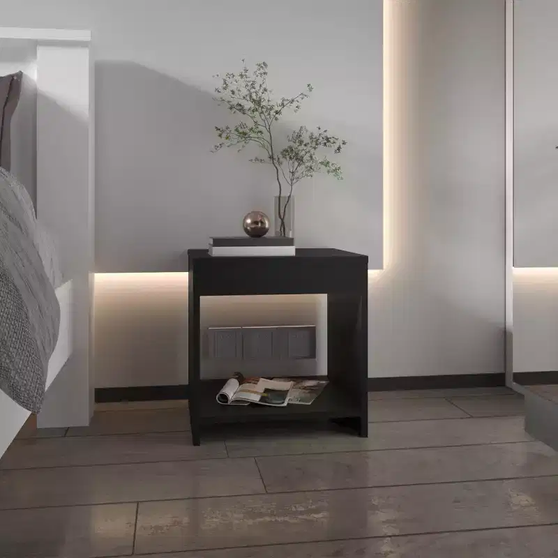 Crafted for both style and function, this Night Table 16.5H, 1 spacious Shelf, Black is a compact bedside table that helps keep your space.