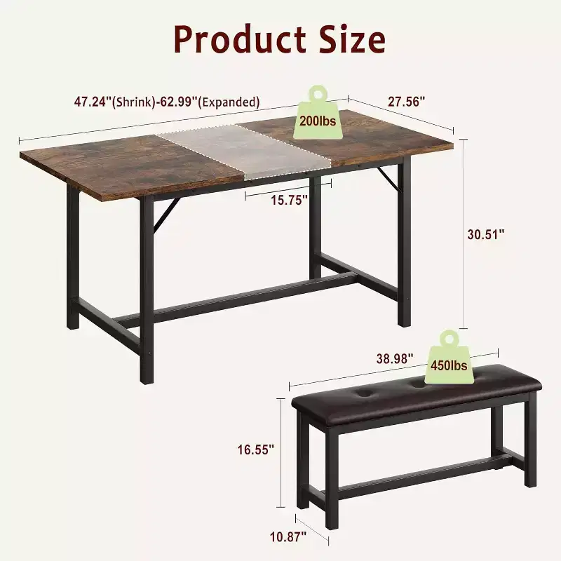 Farmhouse Extendable Dining Table Set for 4/ 6, Large Dining Table Set with Two Upholstered Benches, for Home, Dining room Rustic Brown
