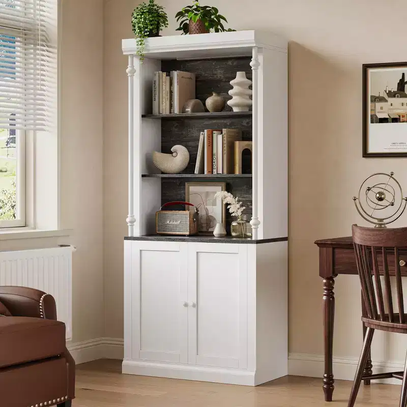 5-Tier Adjustable Bookcase,Roman Column Bookshelf with Led Light,Open Shelves&Storage Cabinet Design,Wood Grain Display Bookcase for Home Office