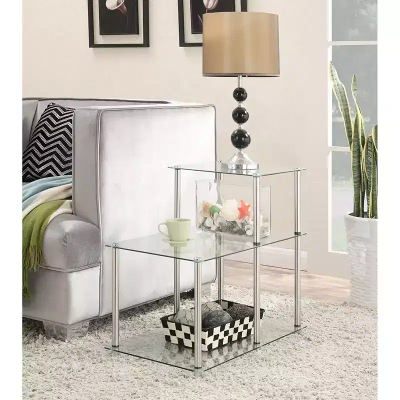 Glass Step End Table, Modern 3 Tier Accent Side Table with Tempered Glass Shelves for Display and Storage Needs