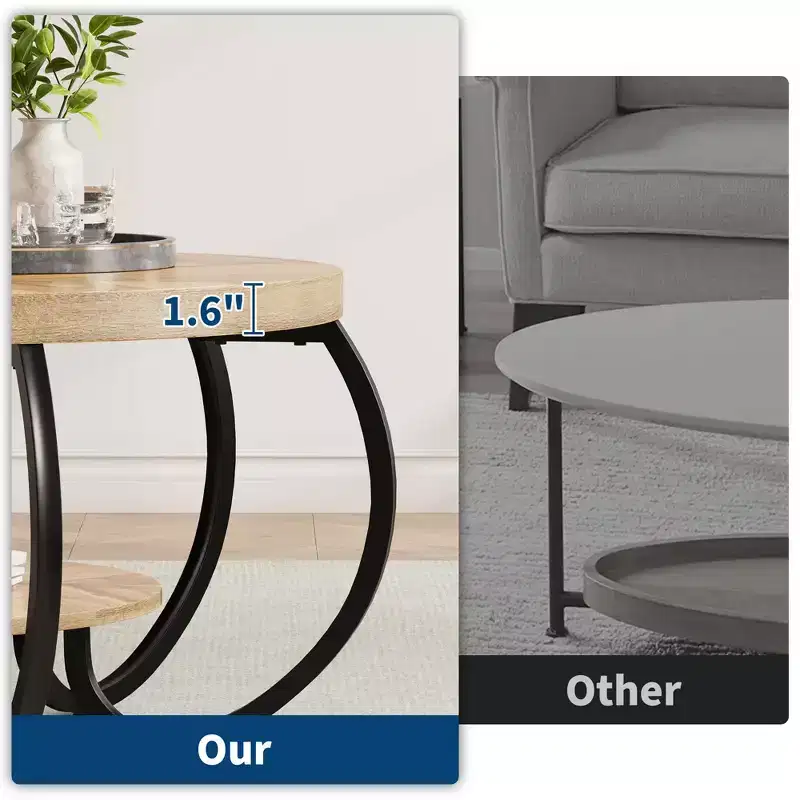 30 Inch Round Industrial Coffee Table 2-Tier with Adjustable Feet Wood Grain Shelf Flame Design Easy Assembly Living Room
