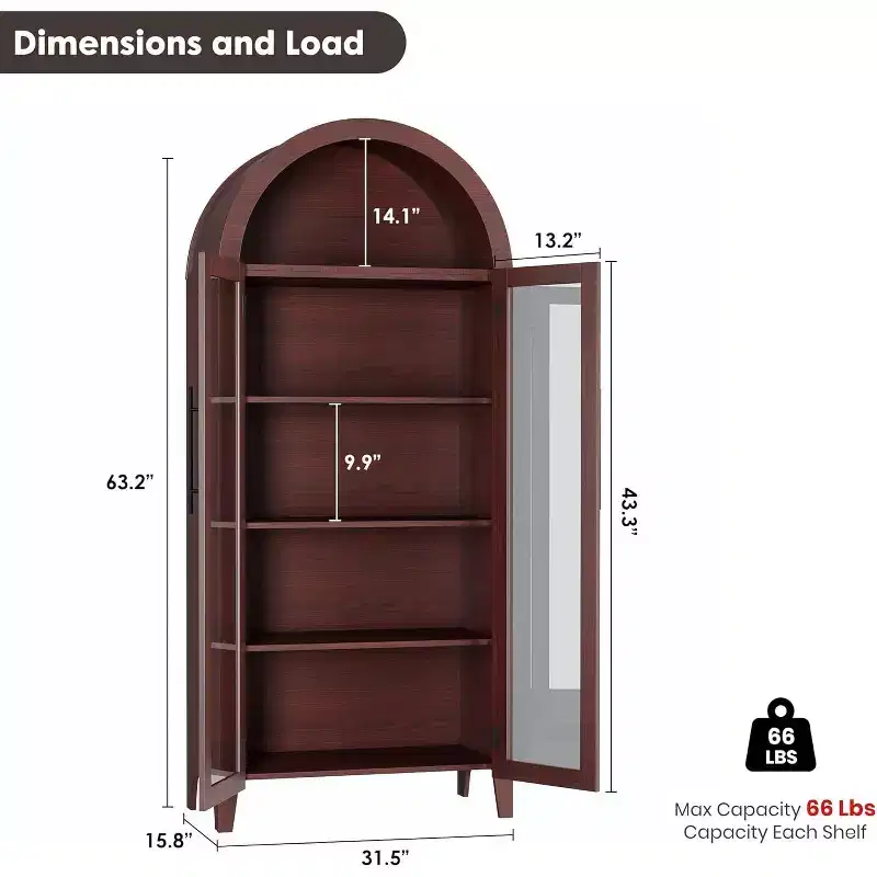 SunnyFurn Arched Kitchen Pantry Cabinet,5-Tier Display Shelf with Adjustable Shelf and 2 Large Glass Doors, Walnut