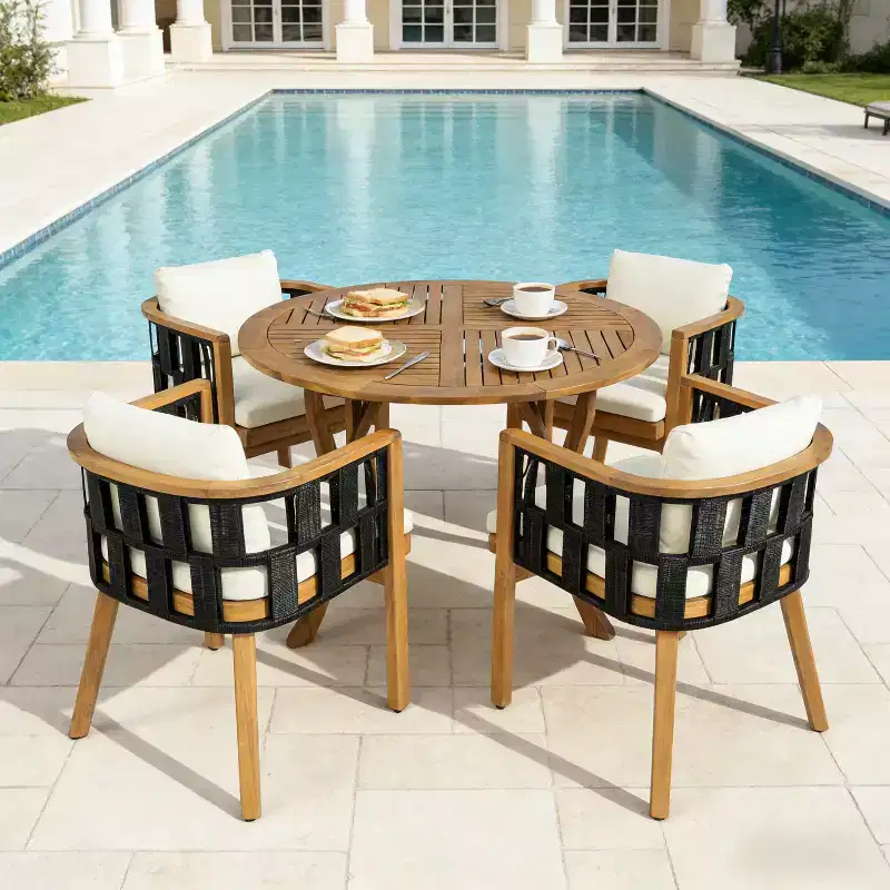 ModernLuxe Acacia Wood Patio Dining Set, Outdoor Dining Table and 4 Woven Rope Armchairs with Cream Cushions, Teak+Black