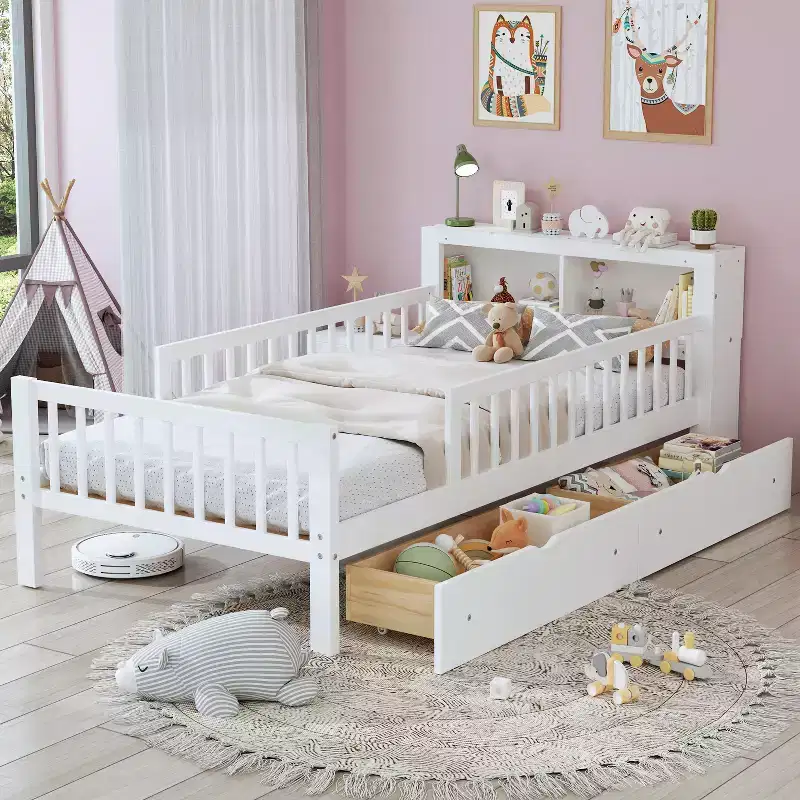 Twin Bed with Headboard Storage Rack, 2 Under-Bed Drawers and Guardrails, White