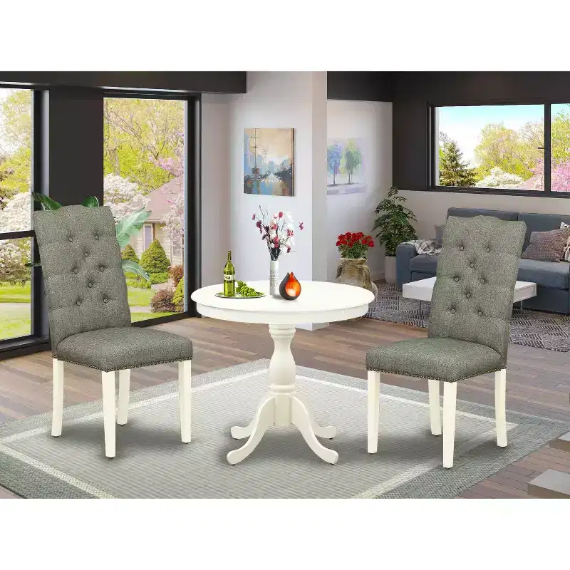 3-Piece Linen White Finish Solid Wood Top Round Button Tufted Dining Room - Seats 4