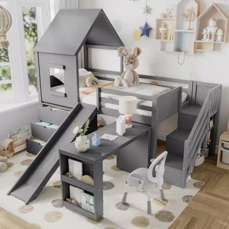 Twin Size House-Style Loft Bed with Slide, 3 Drawers & Retractable Desk