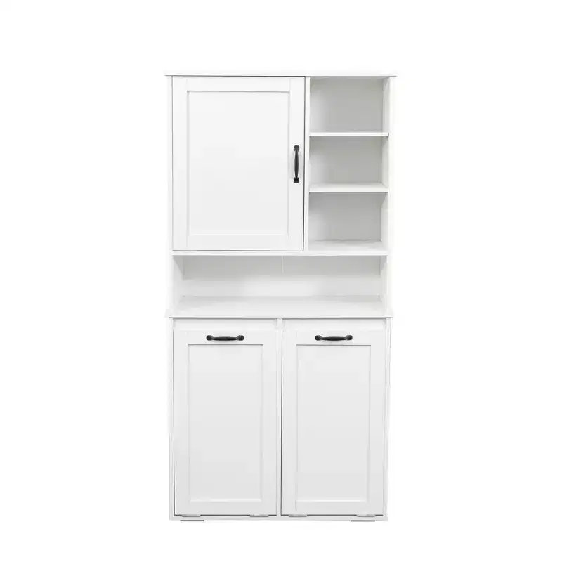 VIYET 63 White Freestanding Laundry Cabinet-Particle Board+MDF, Tilt-Out Hamper, Adjustable Shelves & Multiple Storage