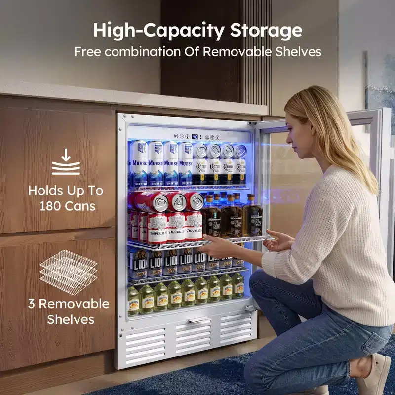 Simzlife 5 cu. ft./180 Cans Mini Beverage Refrigerator, Fridge Cooler with Glass Door, Adjustable Shelves, Digital Control,Reversible Door