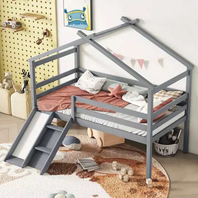 Okak 81.7IN Low Twin Kids Loft Bed with Slide, Twin Bed with Ladder, Safety Guardrails and House Roof Frame, Bed Frames for Kids Room