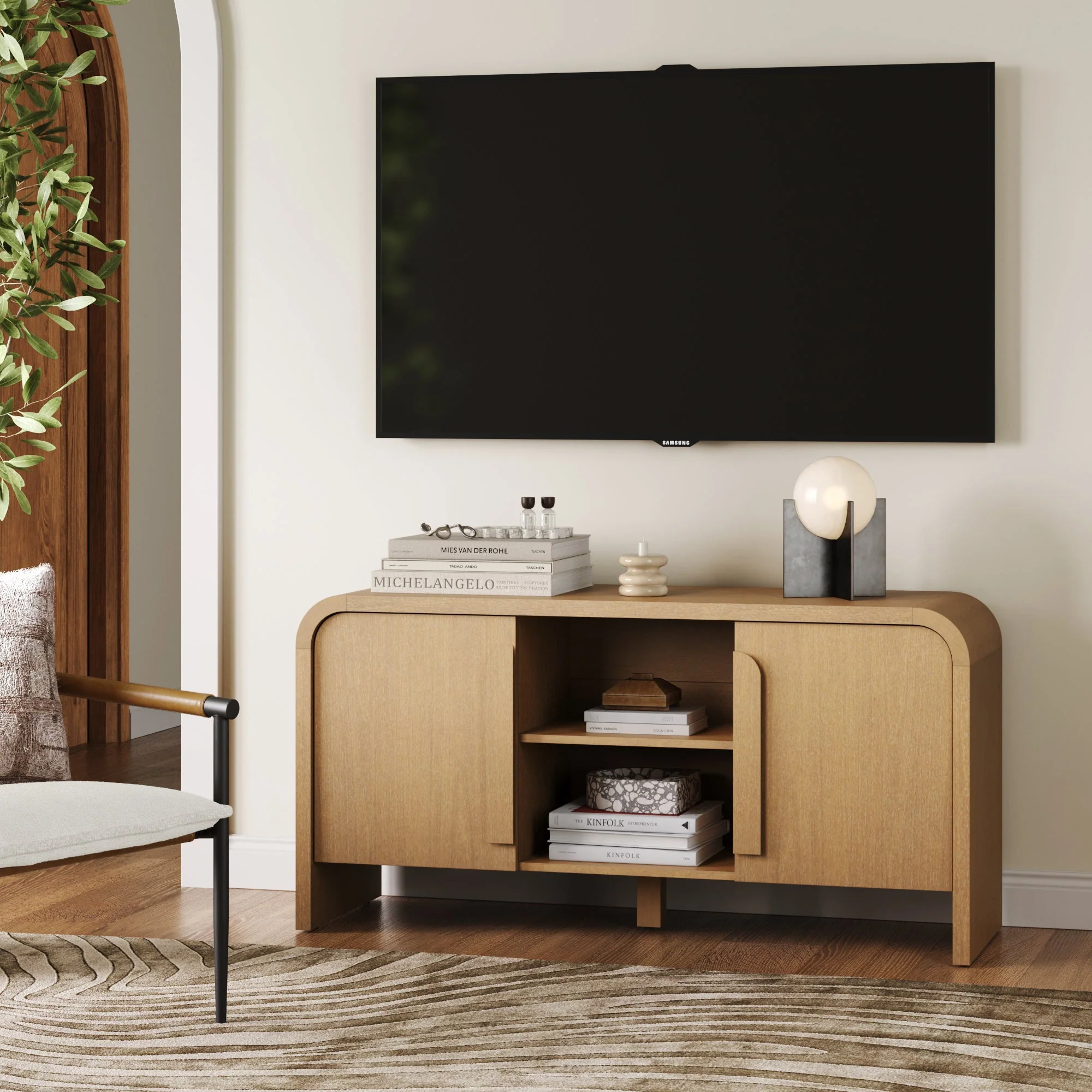 Arched TV Stand or Media Console Cabinet Warm Oak