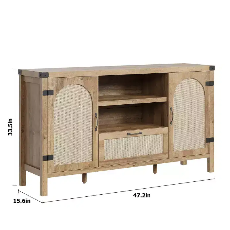 47.2 Farmhouse Buffet Cabinet - Rattan Decor Kitchen Sideboard with Storage for Living Room & Entryway,Natural