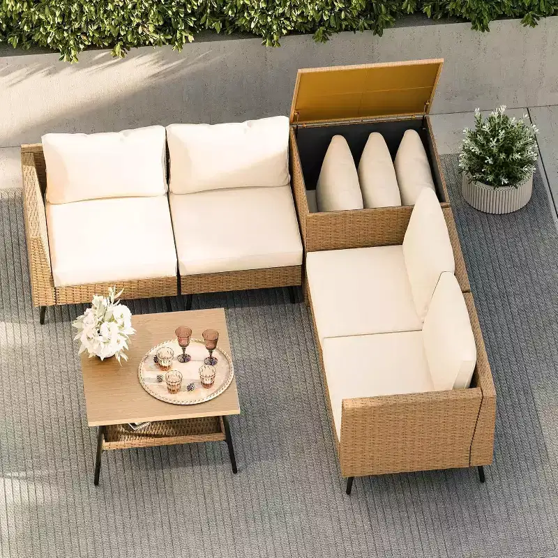 LAUSAINT HOME 6 Pieces Outdoor Patio Furniture Sets, Rattan Conversation Sectional Set with Cushions and Storage Box