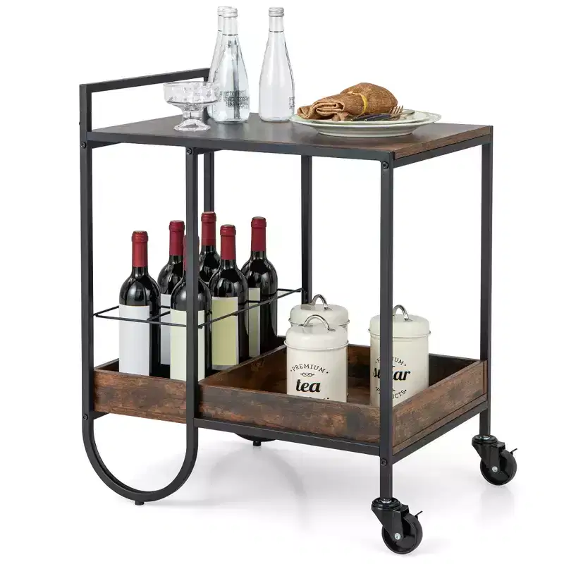 Industrial Bar Cart Rolling Buffet Serving Cart with Removable Metal Wire Rack