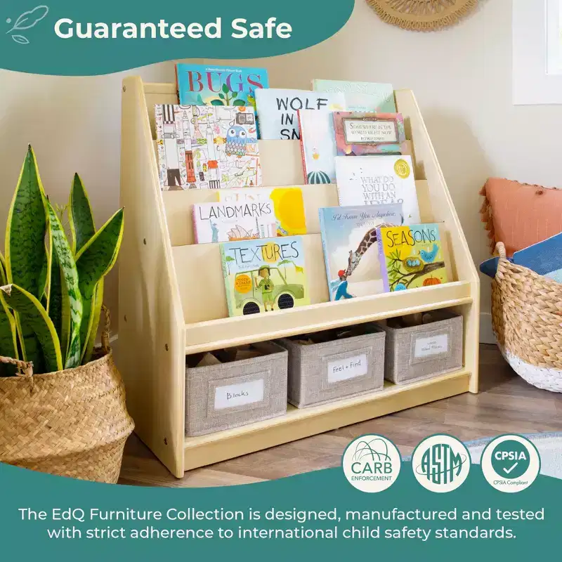 Children's Wooden Book and Bin Display Shelf with 4 Fabric Bins