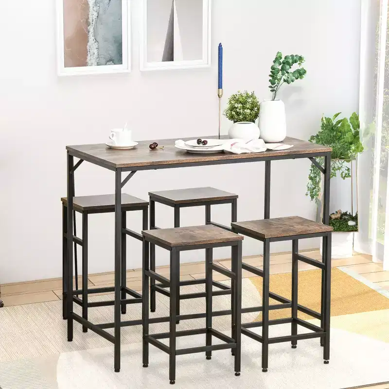 5-Piece Industrial Dining Table Set, Bar Table & 4 Stools Set, Space Saving for Pub & Kitchen/Black
