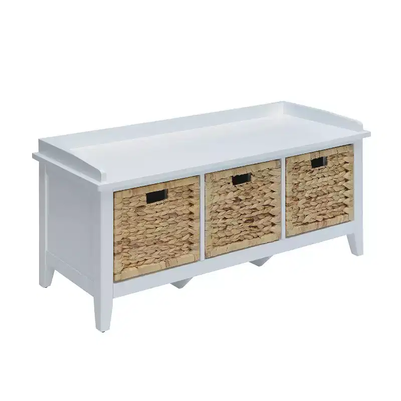 Wooden Bench with 3 Drawers in Rattan and White