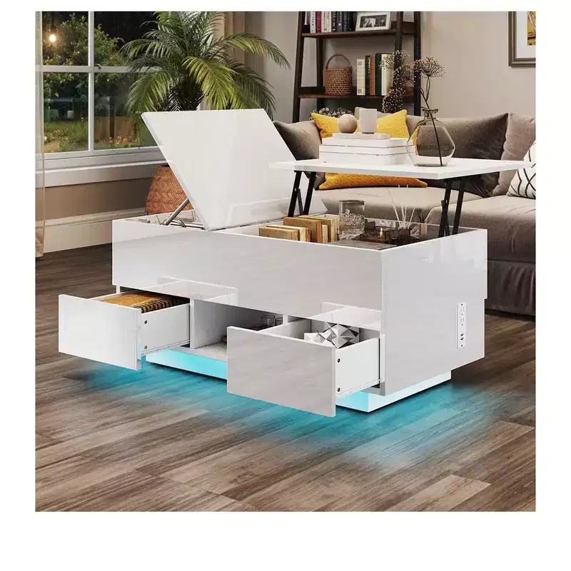 Rectangular LED Lift Top High Gloss Coffee Table With Charging Station and 2 Storage Drawers Open Shelf For Living Room