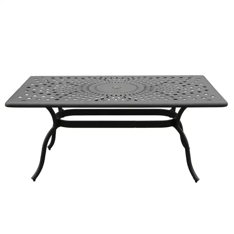 7pc Outdoor Dining Set with 67" Modern Ornate Mesh Aluminum Rectangular Table & Checker Chairs - Black - Oakland Living