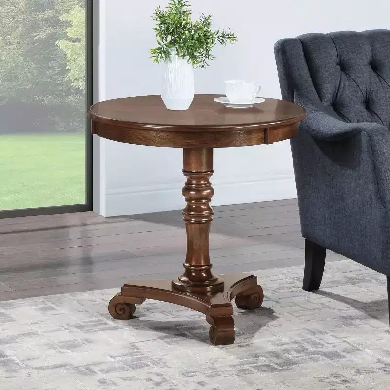 HomeStock Belmont Pedestal End Table Solid Wood Veneer Finish with Turned Body Scroll Feet Traditional Accent Table for Any Room
