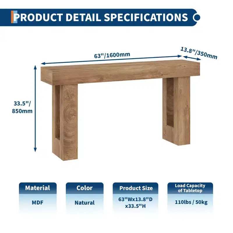 63-Inch Long Console Table, Sofa Table Behind The Couch, Farmhouse Wooden Rectangular Entryway Table for Entrance, Hallway, Living Room