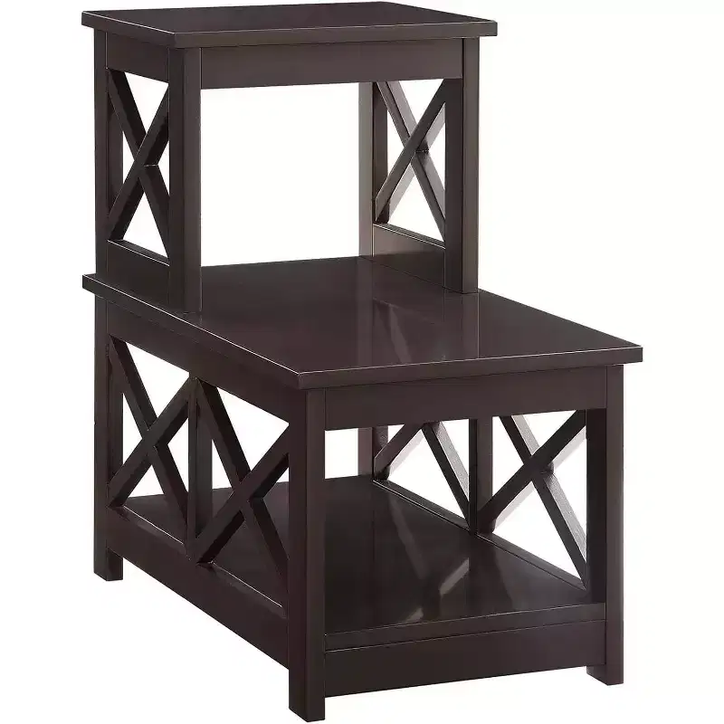 HomeStock Belmont 2 Step Chairside End Table with L Shaped Frame and X Side Panels, 3 Tier Storage Accent Side Table for Living Room or Office