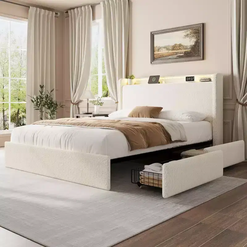 Boucle Bed Frame with Storage Headboard - Charging Station, LED Lights, Upholstered Platform Bed Frame with 4 Storage Drawers