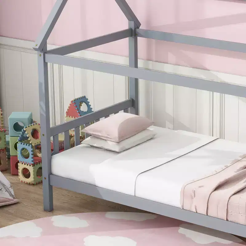 MAYEERTY Twin Rubber Wood Bed with House Frame Gray