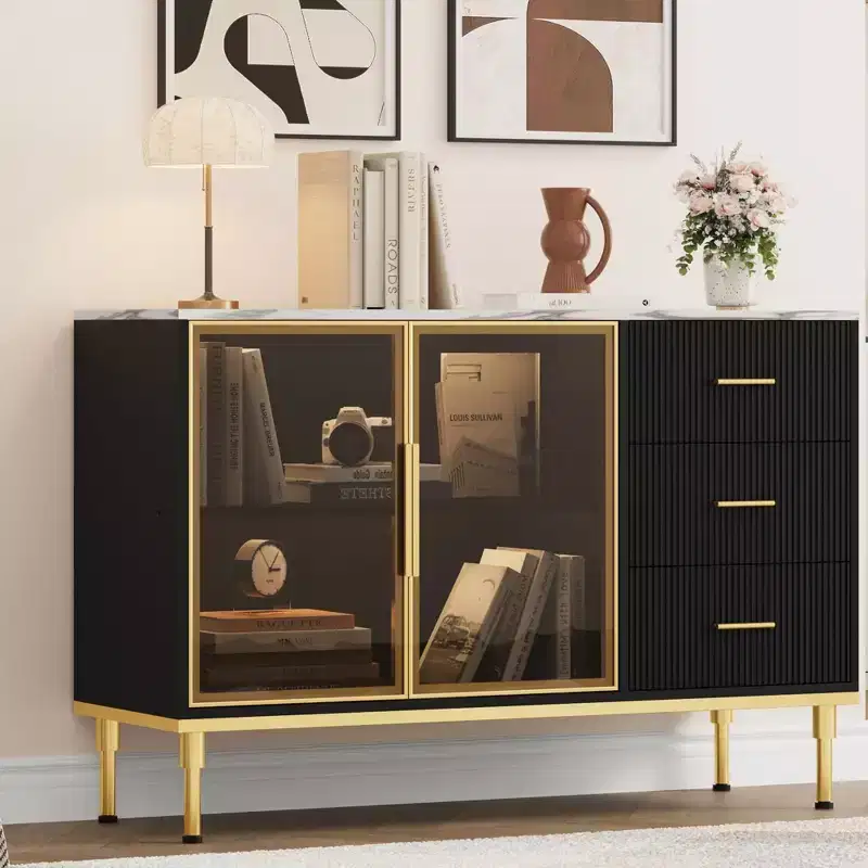 Sideboard Cabinet with Storage, Buffet Table with Faux Marble Top and Glass Doors for Dining Room