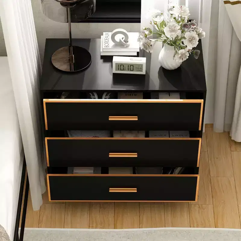 3-Drawer Modern Nightstand with Open Metal Frame, Black & Gold Finish, 28.7