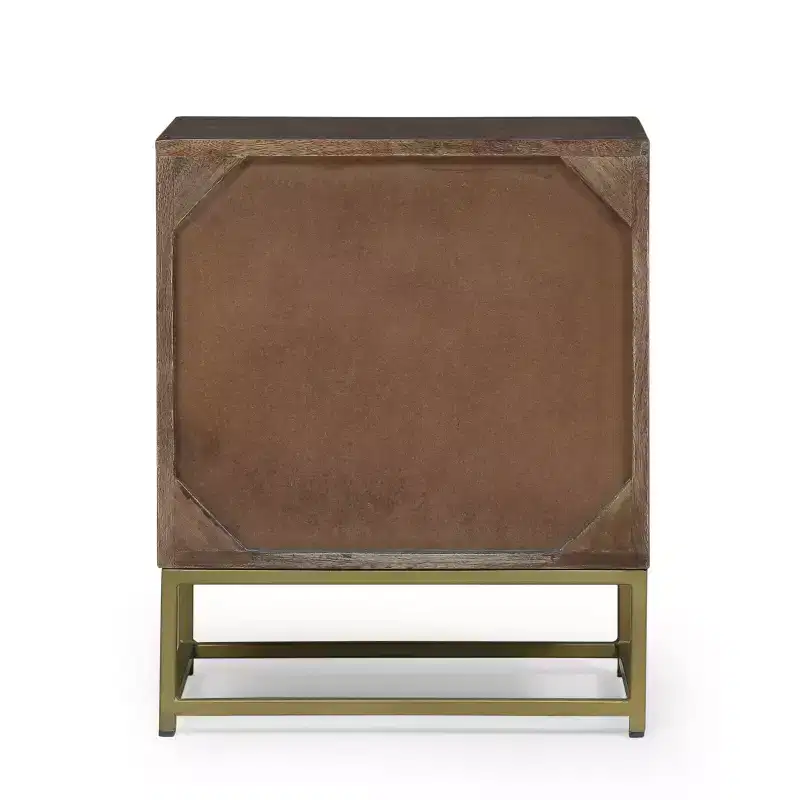 3-Drawer Mango Wood Nightstand with Gold Fish Scale Pattern & Iron Legs, Mid-Century Modern