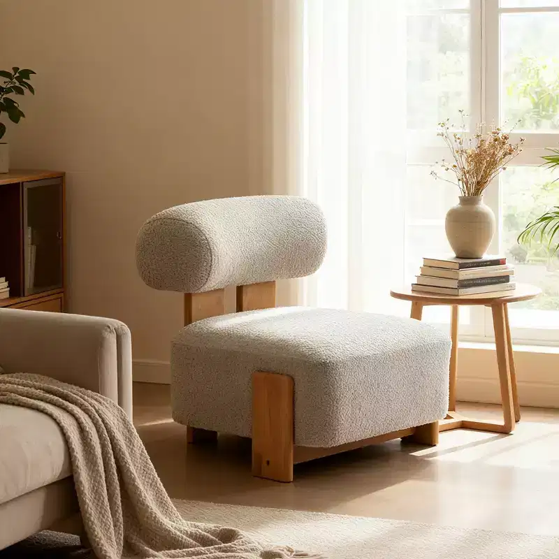 Contemporary Rubberwood Boucle Accent Chair
