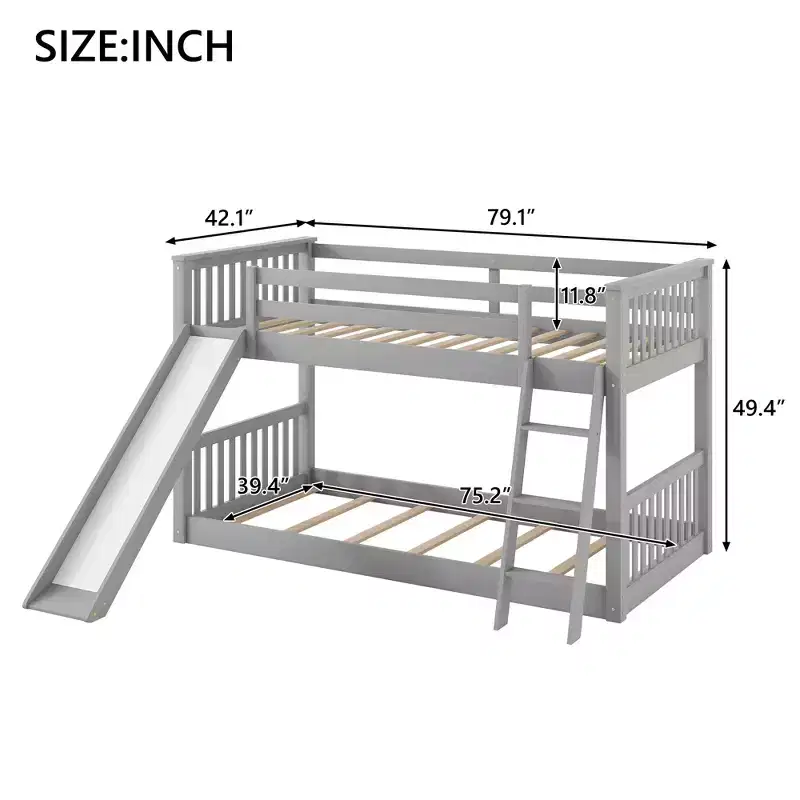 Kids Floor Bunk Beds, Twin over Twin Bunk Bed with Convertible Slide, Wooden Low Bunk Bed Frame for Toddlers Teens