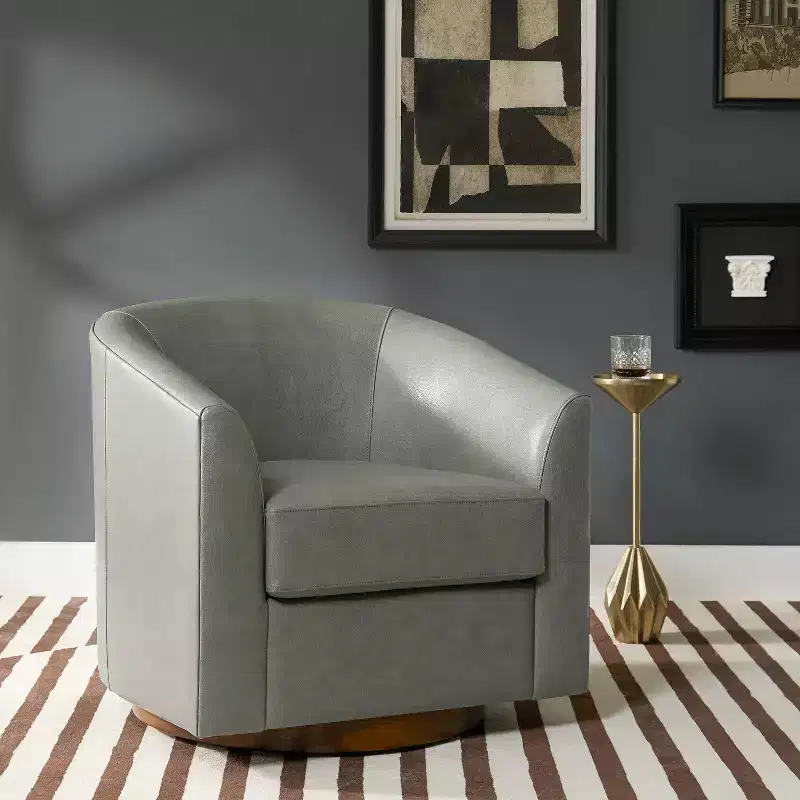 Molly Modern 360-degree Swivel Barrel Genuine Leather Chair with Solid Wood Base|ART OF LIVING DESIGNS
