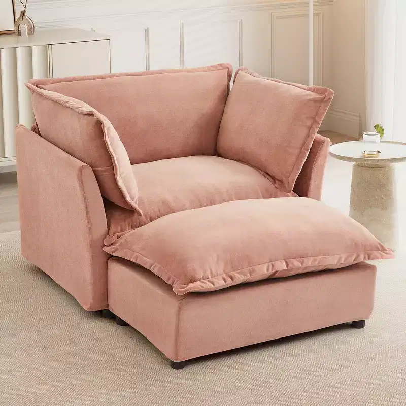 Chenille Armchair with Movable Ottoman, Wide Seat & Curved Armrests